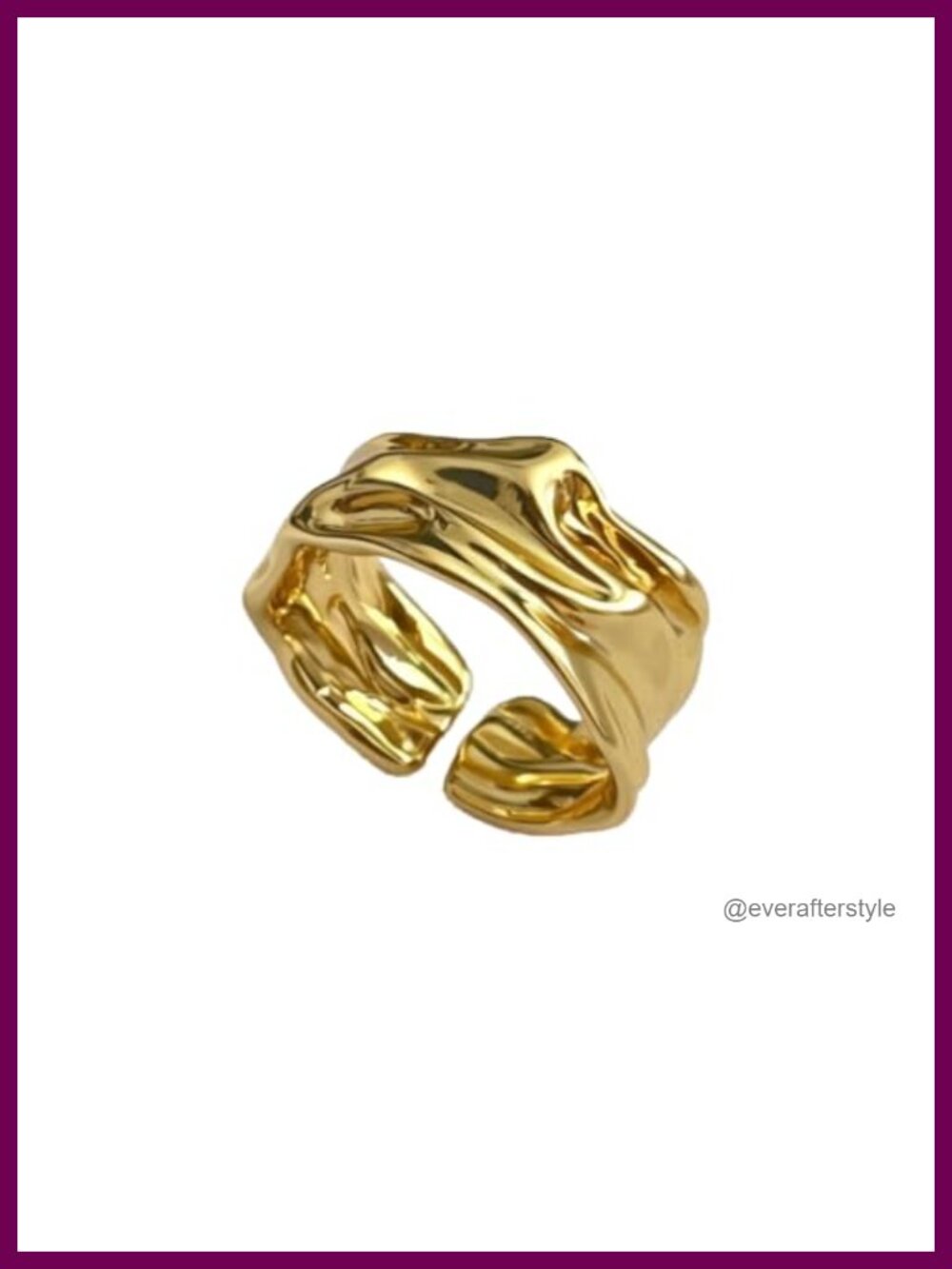 24K Gold Coated Stainless Steel Open Ring Wrinkle Molten Wide Band Adjustable